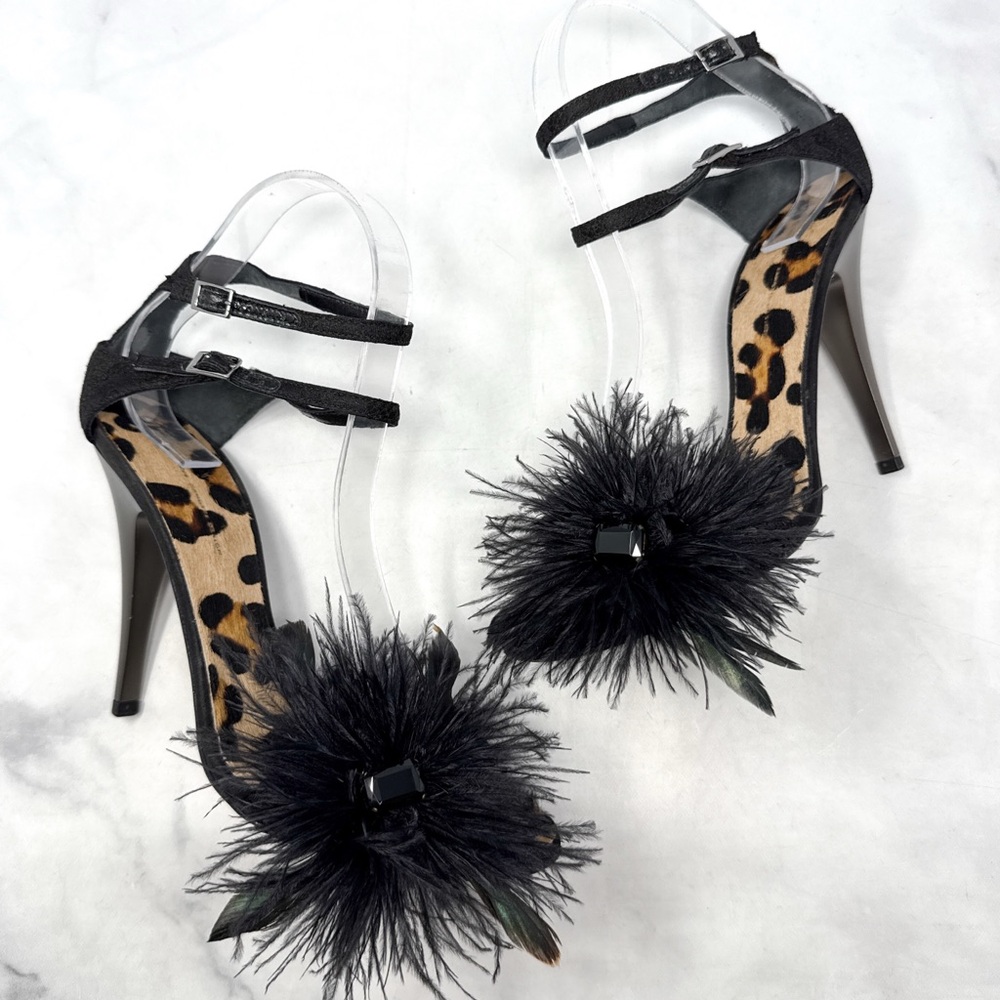 Giuseppe Zanotti Vicini Vintage Y2K Leopard Calf Hair Feather Lace Sandal Heels